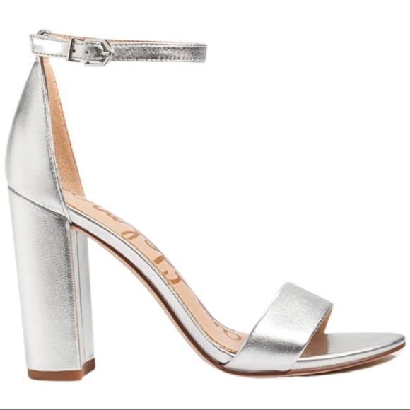 SAM EDELMAN Yaro Block Heel 4” Leather Sandal Silver Shimmer Metallic Size 8.5 - Picture 2 of 14